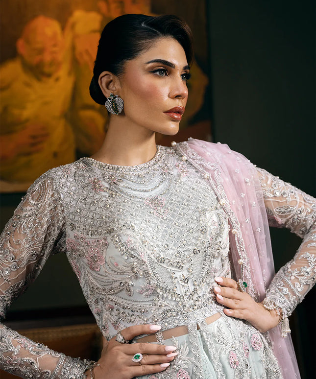 Saira Rizwan | Light Blue Net Embroidered Embellished Pishwas Lehenga