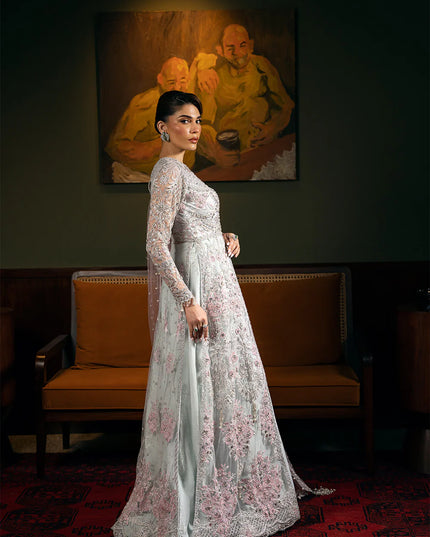 Saira Rizwan | Light Blue Net Embroidered Embellished Pishwas Lehenga