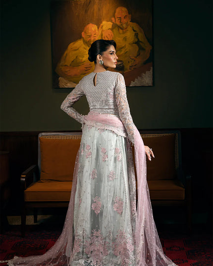 Saira Rizwan | Light Blue Net Embroidered Embellished Pishwas Lehenga