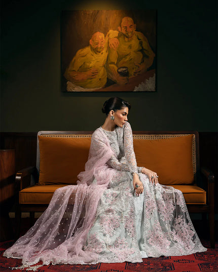 Saira Rizwan | Light Blue Net Embroidered Embellished Pishwas Lehenga