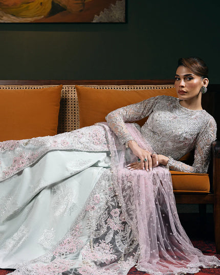 Saira Rizwan | Light Blue Net Embroidered Embellished Pishwas Lehenga