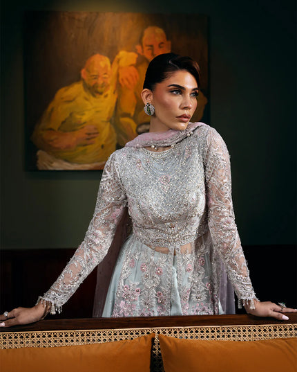 Saira Rizwan | Light Blue Net Embroidered Embellished Pishwas Lehenga