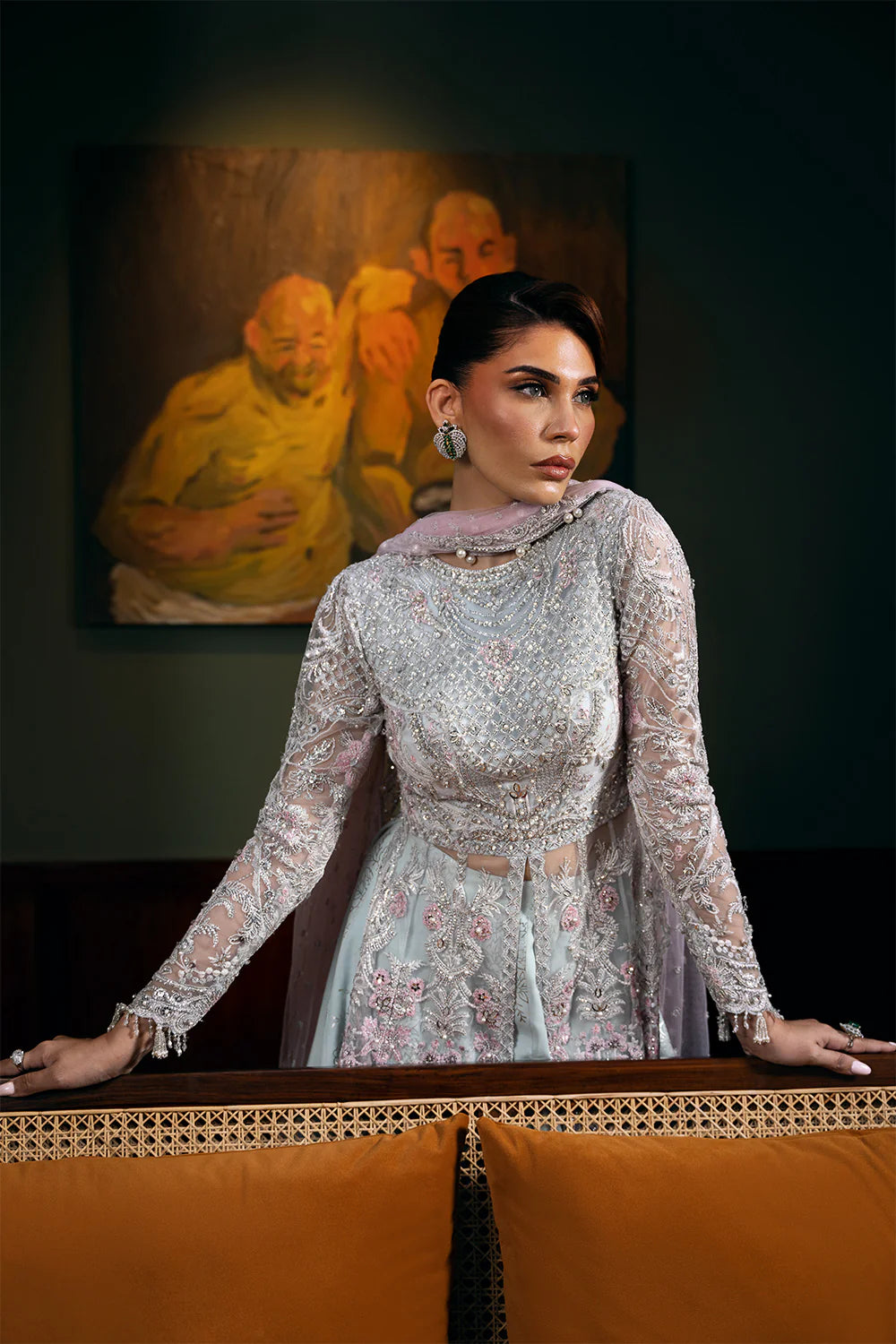 Saira Rizwan | Light Blue Net Embroidered Embellished Pishwas Lehenga
