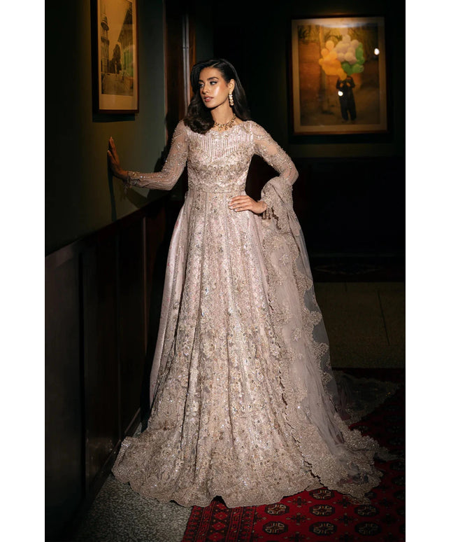Saira Rizwan | Light Pink Net Embroidered Embellished Maxi