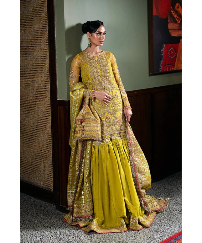 Saira Rizwan | Yellow Organza Embroidered Embellished Gharara