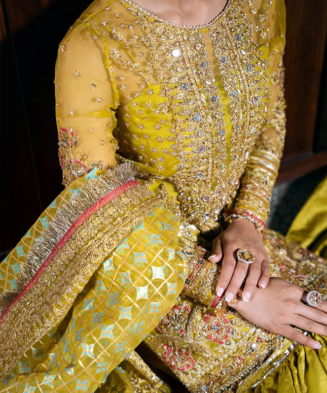 Saira Rizwan | Yellow Organza Embroidered Embellished Gharara