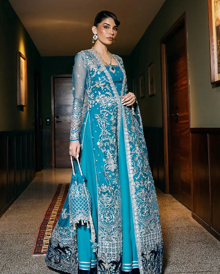 Saira Rizwan | Blue Organza Embroidered Embellished Pishwas Lehenga