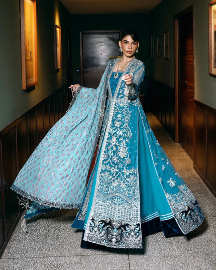 Saira Rizwan | Blue Organza Embroidered Embellished Pishwas Lehenga