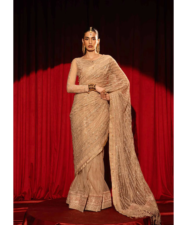 Zar-E-Sahar | Ivory Gold Embroidered Handmade Net Saree