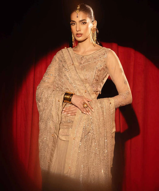 Zar-E-Sahar | Ivory Gold Embroidered Handmade Net Saree