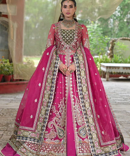 Qalamkar | Pink Net Gotta Embroidered Lehenga