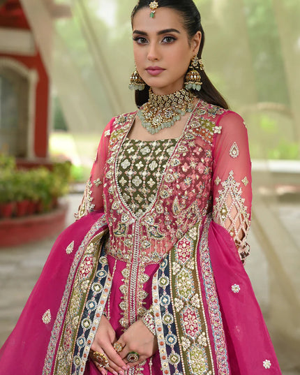 Qalamkar | Pink Net Gotta Embroidered Lehenga
