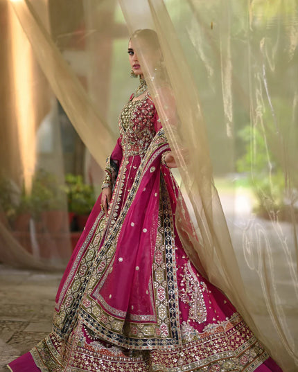 Qalamkar | Pink Net Gotta Embroidered Lehenga