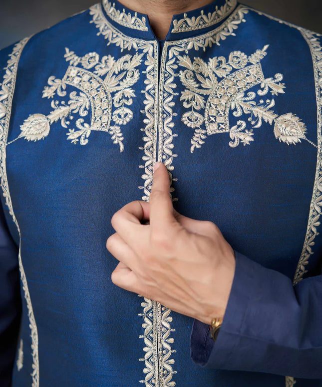 Dark Azure Blue Handcrafted Embroidered Waistcoat