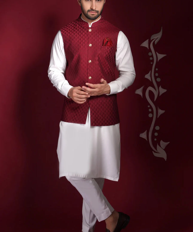 Deep Maroon Embroidered Textured Waistcoat