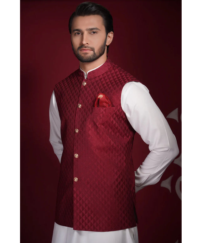 Deep Maroon Embroidered Textured Waistcoat