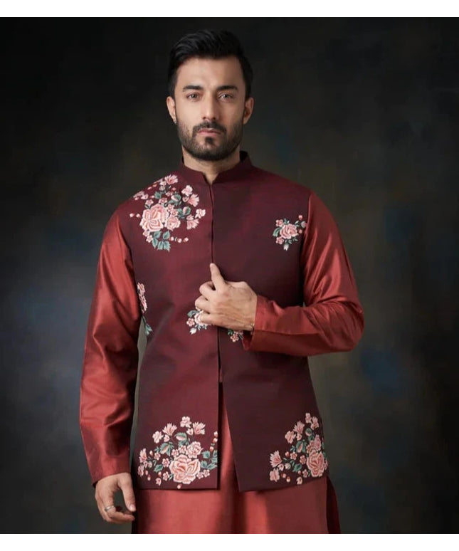 Deep Maroon Handcrafted Embroidered Waistcoat