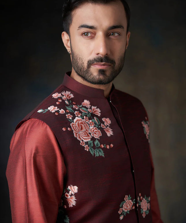 Deep Maroon Handcrafted Embroidered Waistcoat