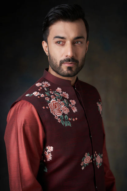 Deep Maroon Handcrafted Embroidered Waistcoat