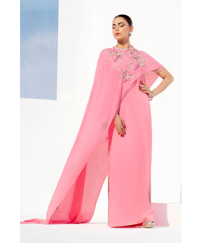 Diara | Pink Floral Embellished Flared Cape