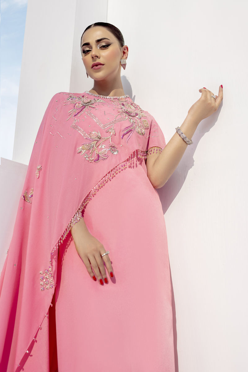 Diara | Pink Floral Embellished Flared Cape