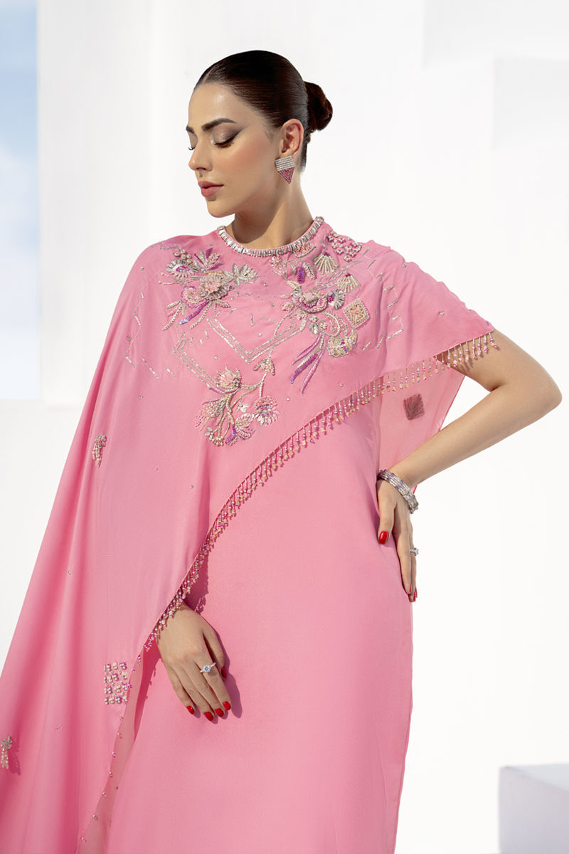 Diara | Pink Floral Embellished Flared Cape