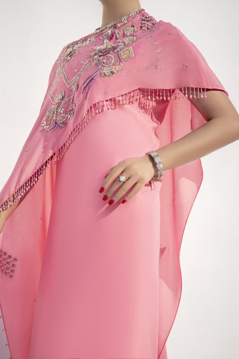 Diara | Pink Floral Embellished Flared Cape