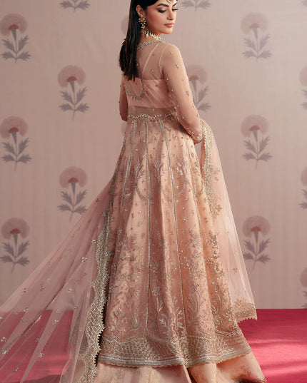 Dilara | Peach Net Hand Embellished Embroidered Peshwas