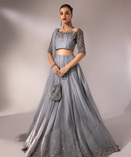 Regine | Net Muted Grey Embellished Lehenga Choli