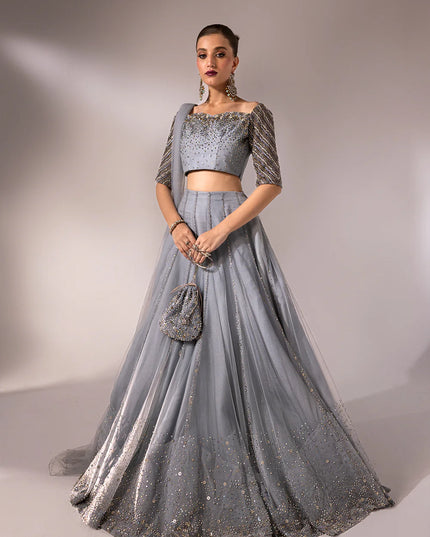 Regine | Net Muted Grey Embellished Lehenga Choli