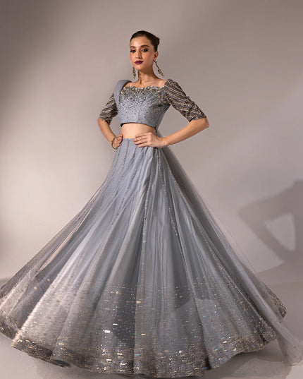 Regine | Net Muted Grey Embellished Lehenga Choli