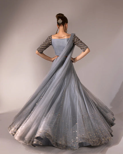 Regine | Net Muted Grey Embellished Lehenga Choli