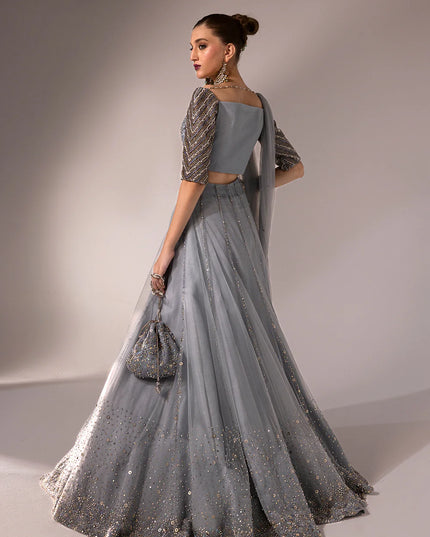 Regine | Net Muted Grey Embellished Lehenga Choli