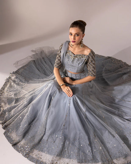 Regine | Net Muted Grey Embellished Lehenga Choli