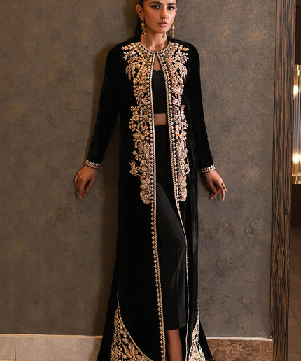 Dusk | Black Velvet Embellished Jacket Set
