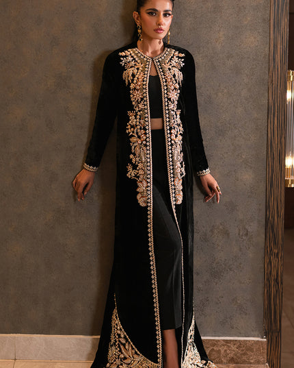 Dusk | Black Velvet Embellished Jacket Set