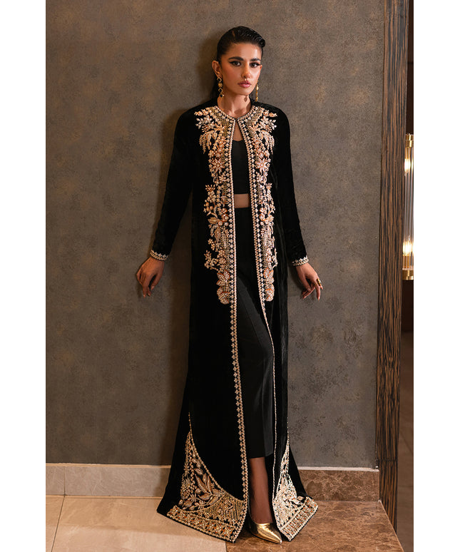 Dusk | Black Velvet Embellished Jacket Set
