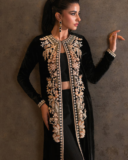 Dusk | Black Velvet Embellished Jacket Set