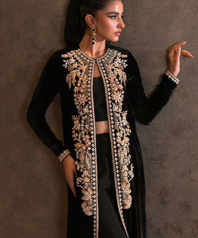 Dusk | Black Velvet Embellished Jacket Set