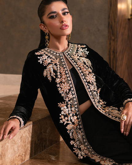 Dusk | Black Velvet Embellished Jacket Set