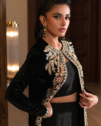 Dusk | Black Velvet Embellished Jacket Set