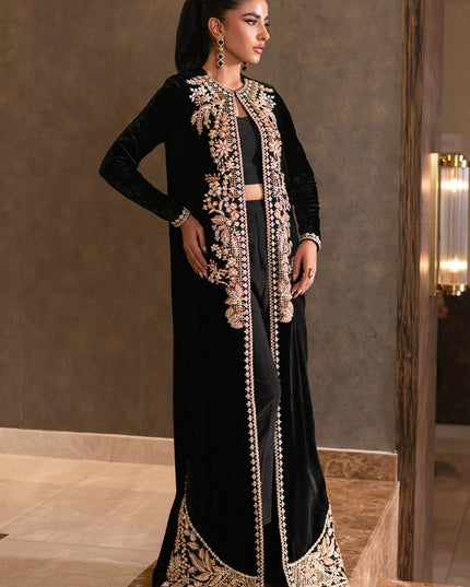Dusk | Black Velvet Embellished Jacket Set