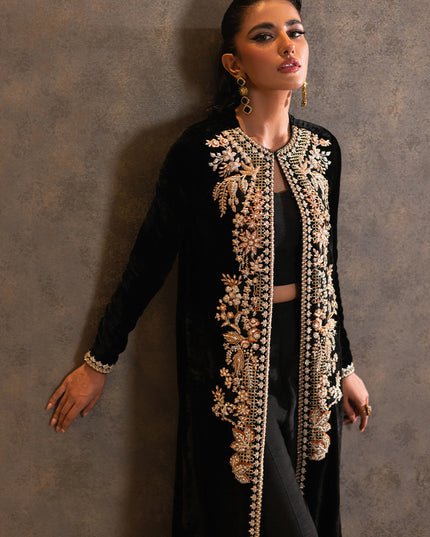 Dusk | Black Velvet Embellished Jacket Set