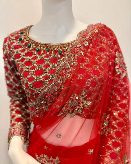 Luxury Crimson Bridal Saree Gown – Hand Embellished Wedding Formal