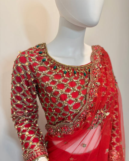 Luxury Crimson Bridal Saree Gown – Hand Embellished Wedding Formal