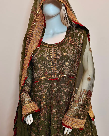 Luxury Olive Green Embroidered Peshwas Set