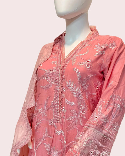 Pink Peony Floral Embroidered Lawn 3-Piece Set