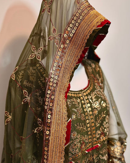 Luxury Olive Green Embroidered Peshwas Set