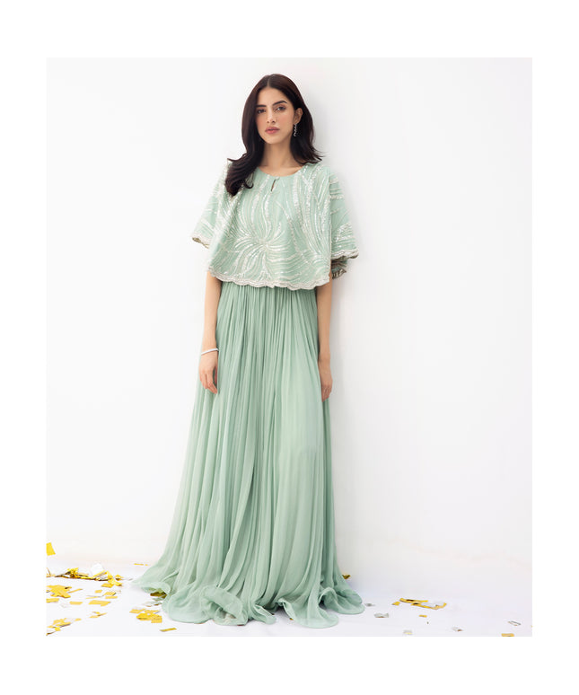 ELLA | Mint Chiffon Embellished Cape Dress