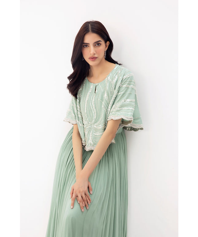 ELLA | Mint Chiffon Embellished Cape Dress